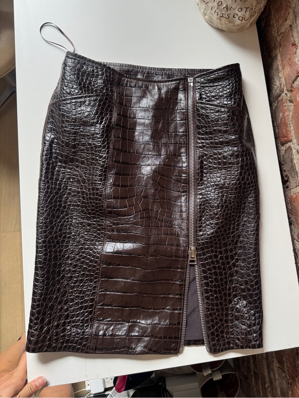 Tom Ford brown croc effect texture leather midi skirt